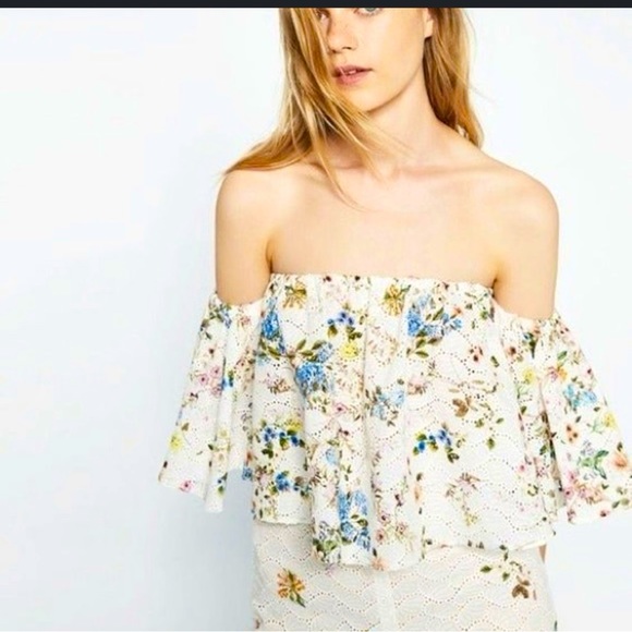 Zara woman multicolor Floral Print Eyelet Off The Shoulder crop Top size Medium - Picture 3 of 8